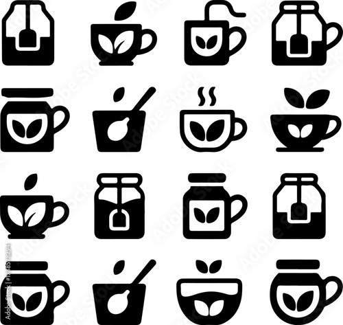 Collection of Icons Representing Tea, Beverages, and Jams for Culinary and Lifestyle Use