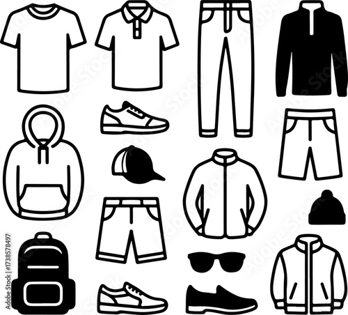 Collection of Men's Clothing and Accessories, Casual Wear and Footwear Essentials