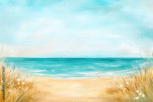 Wallpaper Mural Tranquil beachscape painting depicting ocean meeting sandy shore, framed by natural grass and wildflowers Torontodigital.ca