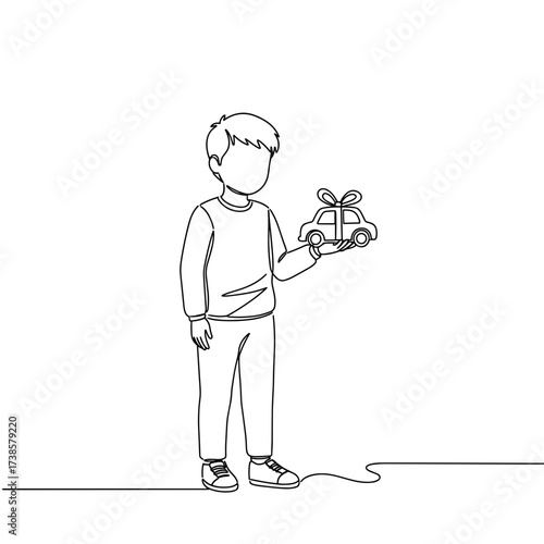Young boy holding gift-wrapped toy car in line vector style  