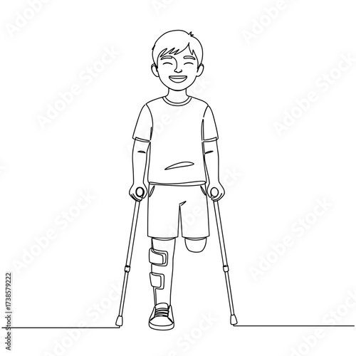 Young boy walking with crutches and smiling in line vector style, transparent background  