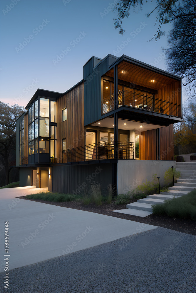 Fototapeta premium Modern architectural house design with wood and metal elements and two balconies, stairs leading to the main door.