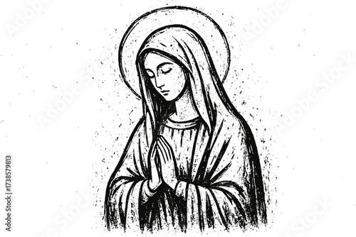 Virgin Mary praying, black and white grunge style vector