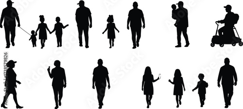 Family silhouettes walking, parents and children, lifestyle vector set, daily life people, stroller illustration, community, casual urban design