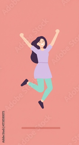 Joyful Leap of a Woman: A woman joyfully leaps high into the air with both arms raised in a gesture of triumph and exhilaration. A cartoon style depicts a moment of elation.