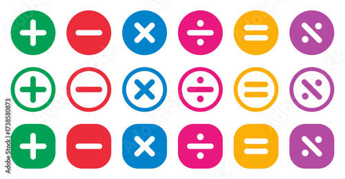 Flat vector illustration of mathematics symbols. Includes plus, minus, multiply, divide, equal, and percentage icons in colorful circular and square styles. Perfect for education and UI design.