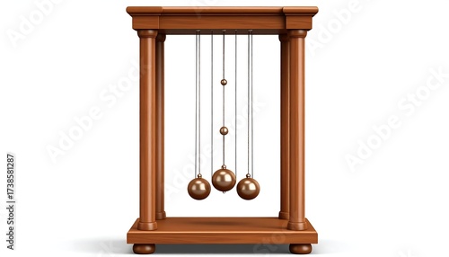 A wooden Newtonian cradle toy with shiny spheres suspended from strings within a rectangular frame. Isolated on a white background