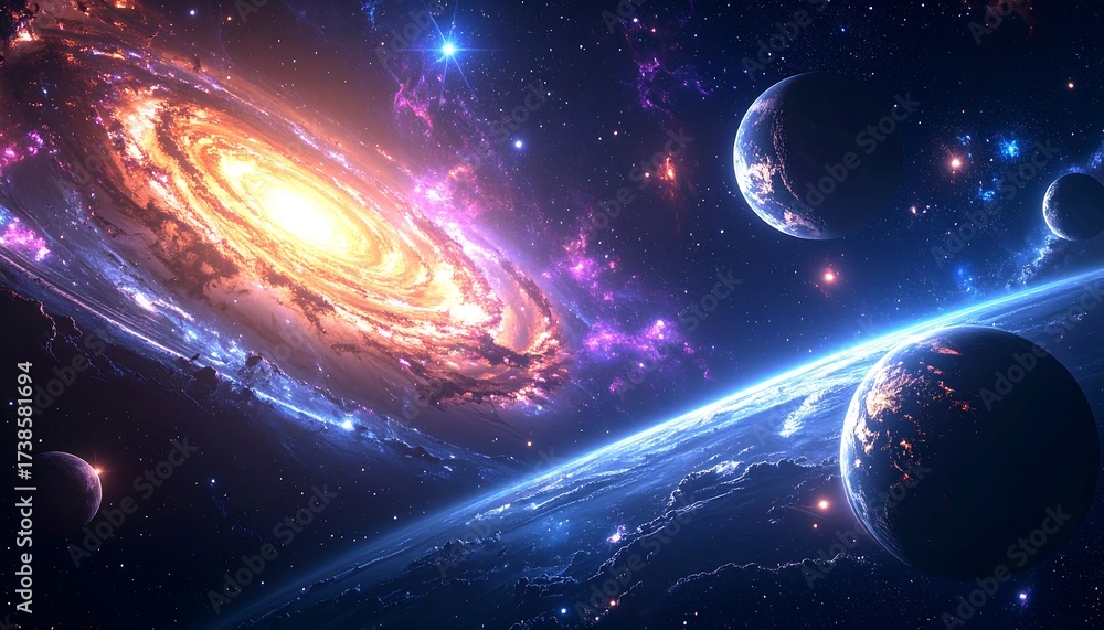 Obraz premium Cosmic swirl, vibrant planets, and galaxies