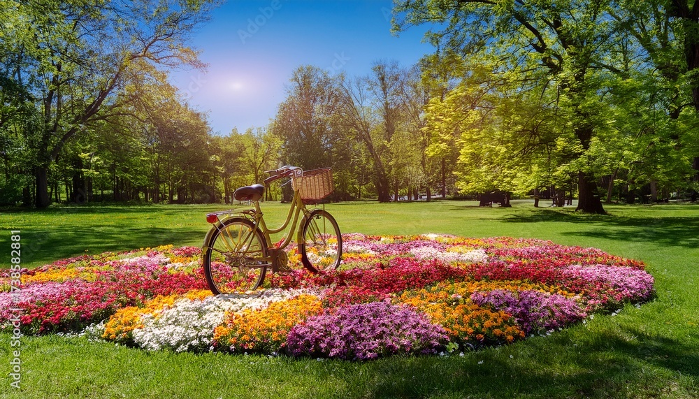 Fototapeta premium enjoying a sunny day with a bicycle surrounded by colorful flowers in a peaceful park