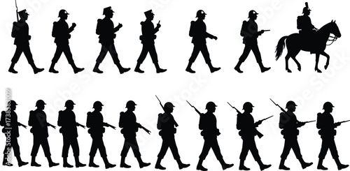 Soldier silhouette vector set, marching army men, cavalry horseman, military troop illustration, war soldier artwork, defense forces design