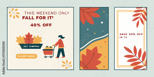 fall sale promotional cards autumn themed templates with leaves pumpkins shopping discount designs warm colors