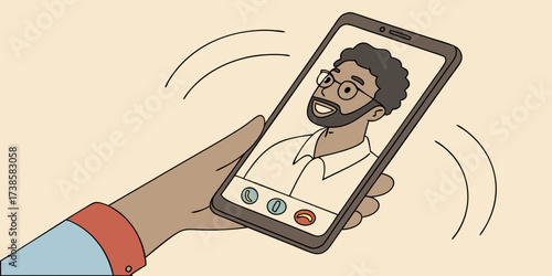 hand holding vibrating smartphone incoming call notification illustration person on screen motion lines and illustration design.