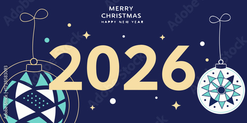 happy new year 2026 greeting card design with gold numbers christmas ornaments navy blue background