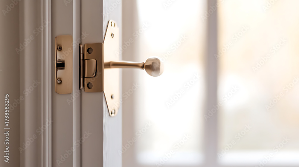 Fototapeta premium Open door with simple knob handle and brass latch. Bright light streaming in. Fresh, clean interior design. Inviting access and secure closure.