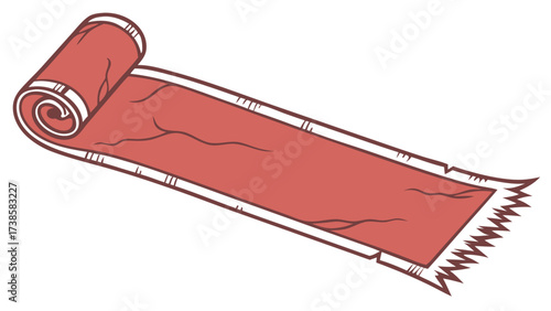 stylized illustration of a red carpet or rug unrolling with white trim and tasseled fringe isolated on white background.