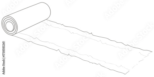 black and white line art illustration of an unrolling cylindrical material roll suggesting fabric paper gauze or film with textured edges isolated on white background.