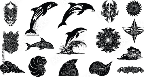 Tribal dolphin tattoo design, ocean wave tribal art, abstract sea animal illustration, decorative marine pattern, ornamental aquatic silhouette