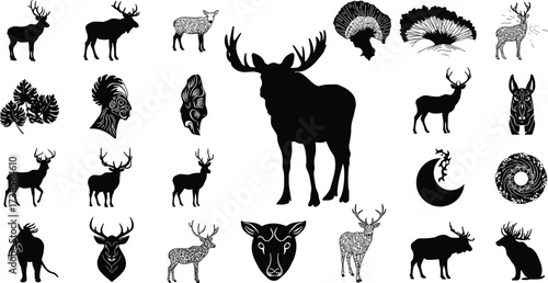 Vector silhouettes of deer, elk, moose, tribal masks, leaves and abstract designs, wild animal illustration, decorative artwork