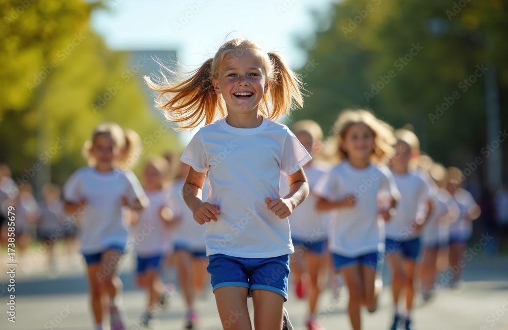 Obraz premium Happy young girl runs in kids race outdoors. Many children participate in fun run event. Kids enjoy healthy sport activity in bright morning sun. Group of active youth trains on road, promoting
