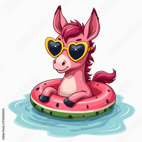 Vector fashion design for children t-shirt. 
Pink baby horse in sunglasses
with inflatable ring swims on white background. 
2026 New Year symbol. Cartoon print for fabric, 
boy and girl clothing. 