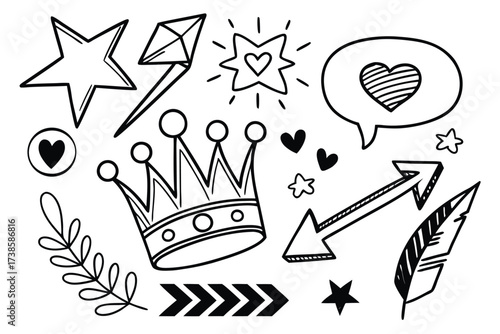 Hand Drawn Icons of Crown, Star, Feather, and Arrows on White Background Keywords: doodle, drawing, illustration