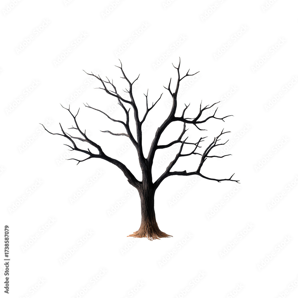 Fototapeta premium Striking black silhouette of a leafless dry tree with intricate branches against a dark background, showcasing natural beauty, seasonal change, and artistic landscape photography