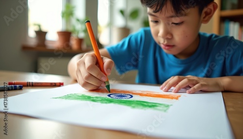 Wallpaper Mural Young boy draws Indian flag with orange, green crayons on white paper. Child concentrates on art project, focusing on colors, shapes for national symbol. Home activity inspires patriotic feeling. Torontodigital.ca
