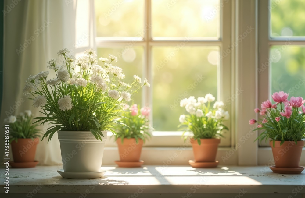 Fototapeta premium Several potted flowers sit on window sill. White and pink blooms are visible in terracotta pots. Natural light brightens room interior. Sunny day outside.