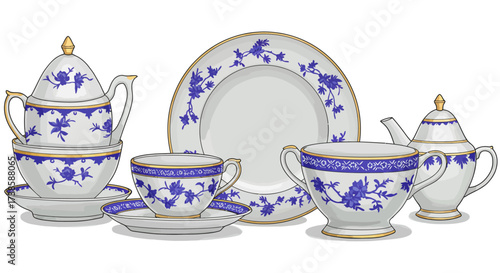 Elegant porcelain tea set with blue floral pattern and gold accents