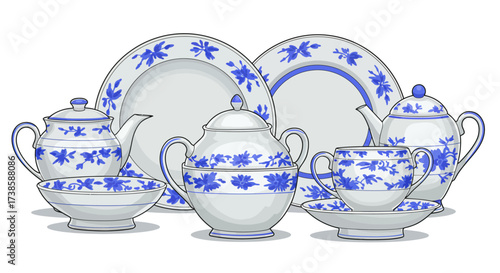 Elegant porcelain dinnerware with blue floral patterns in realistic style