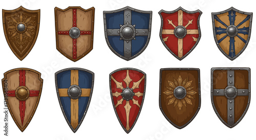 Vintage medieval shields set: wooden and metal designs with cross and crest m…
