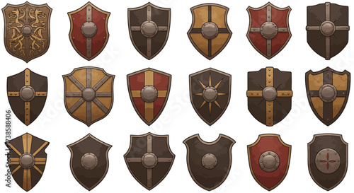 Medieval shield collection with various designs and patterns