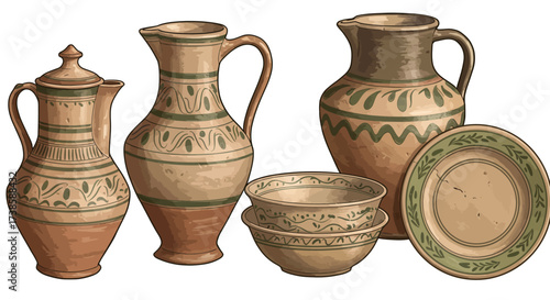 Rustic earthenware pottery collection with traditional patterns and designs