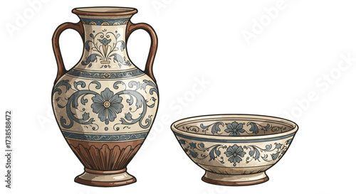 Elegant antique vase and bowl with floral patterns and pastel colors