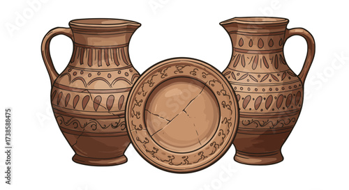 Rustic earthenware still life with traditional patterns and crackle texture