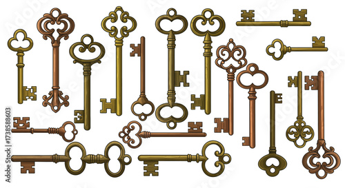 Collection of vintage antique keys in flat design with ornate details