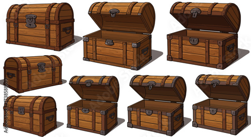 Collection of wooden treasure chests with open and closed designs in a cartoo…