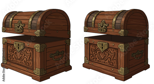 Realistic wooden treasure chest with open and closed views