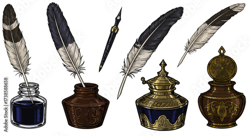 Vintage inkwells and quills collection with ornate designs