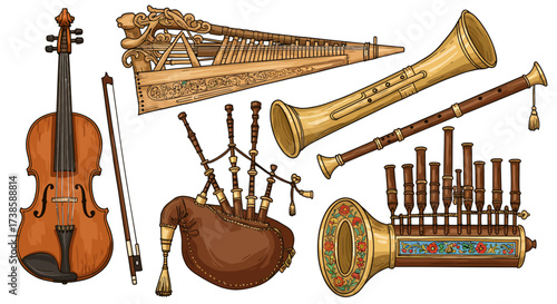 Collection of traditional musical instruments with ornate designs
