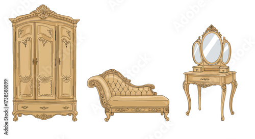 Elegant antique furniture set with wardrobe, vanity, and sofa