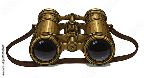 Vintage brass binoculars with leather strap in detailed retro style