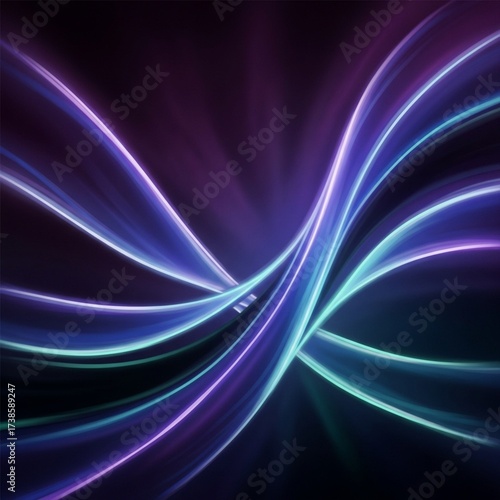 Abstract light trails in blue and purple hues on a dark background.