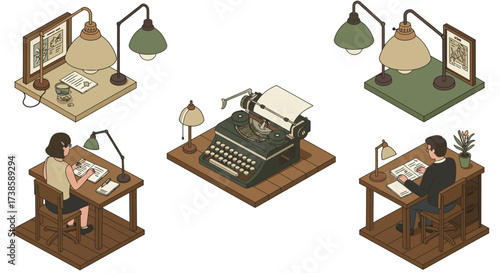 Retro office workspace with typewriter and lamps in isometric style