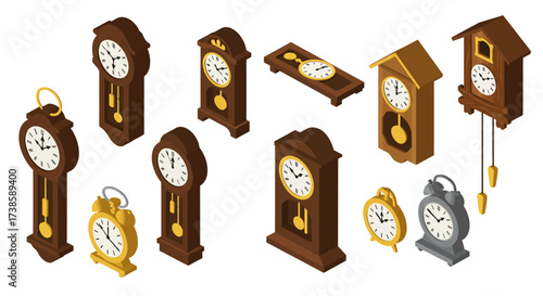 Isometric clocks collection featuring classic grandfather and cuckoo designs