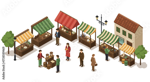 Isometric market scene with stalls and people in vibrant colors