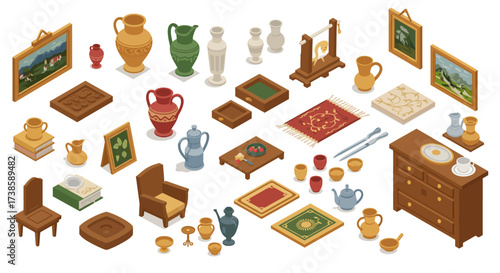 Isometric antique home decor collection with furniture, vases, and art