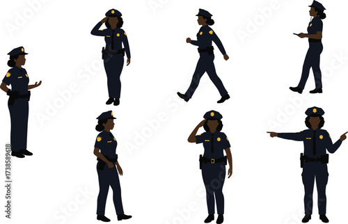 police, officer, worker, silhouette, uniform, hat, salute, gesture, pointing, walking, authority, law, enforcement, justice, security, protection, occupation, profession, vector, illustration, duty
