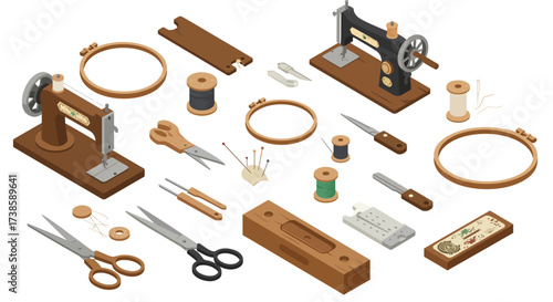 Vintage sewing tools and accessories collection in isometric design