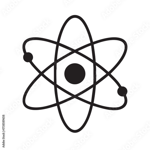 Stylized black and white illustration of an atom with nucleus and orbiting electrons on a white background